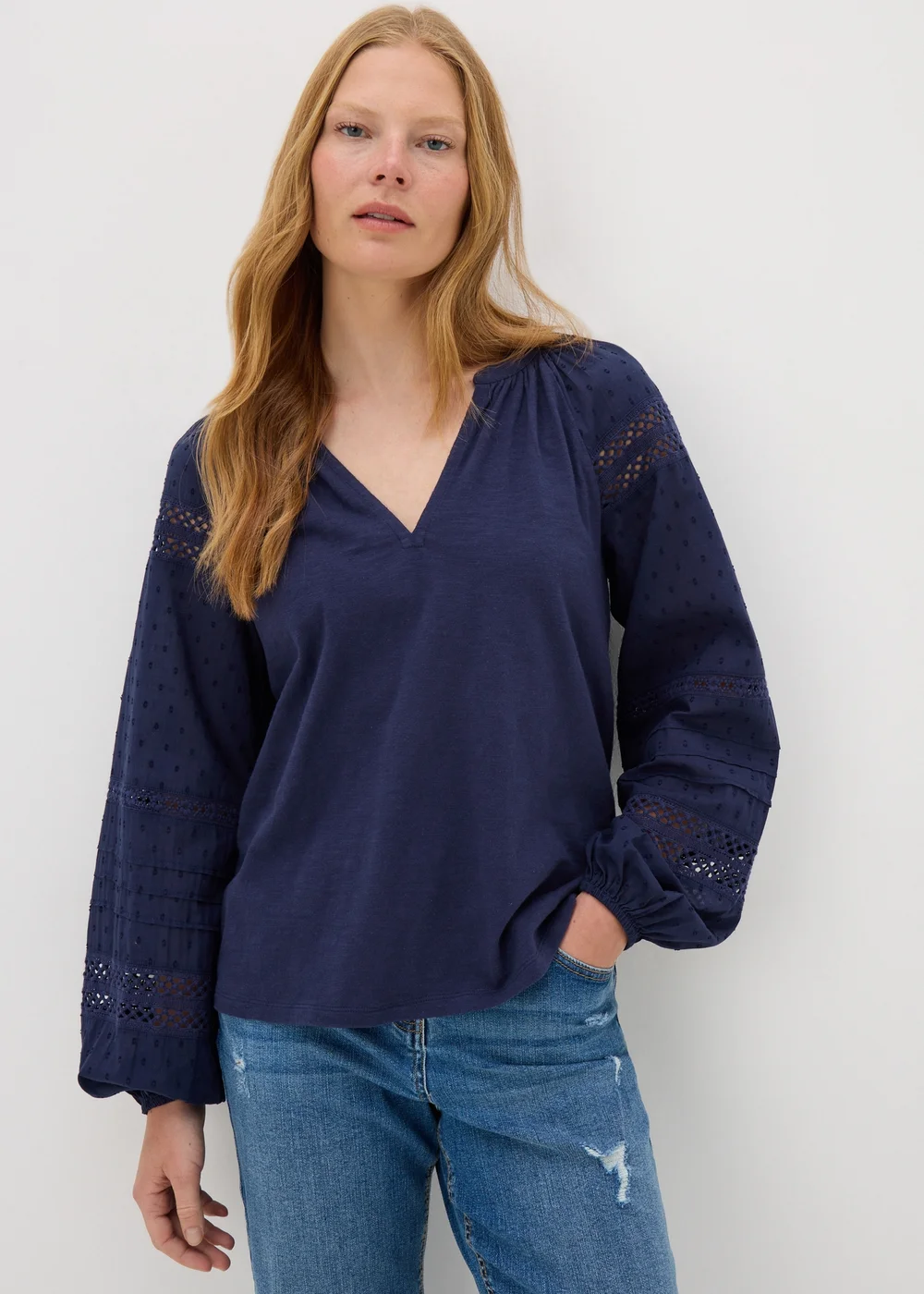 Navy Broderie Anglaise Long Sleeve Top - 8 Image 1