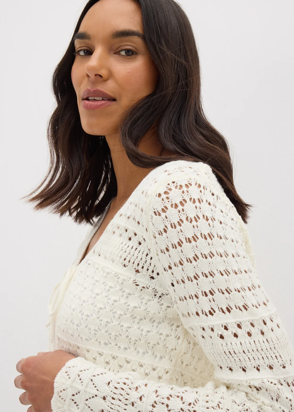 Ivory Pointelle Tie Front Cardigan - S Image 3