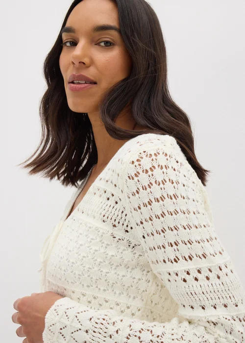 Ivory Pointelle Tie Front Cardigan - S Image 3