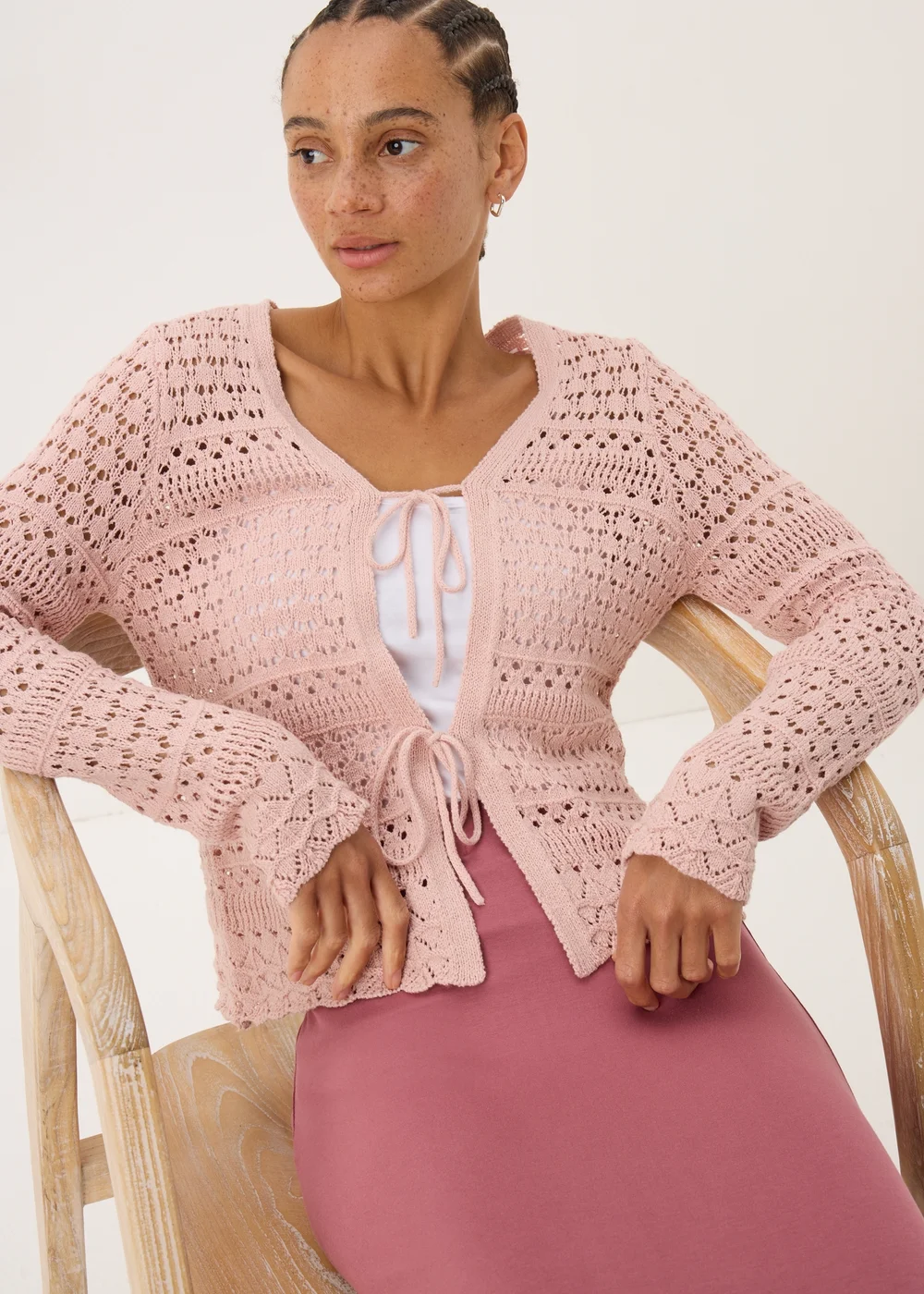 Pink Pointelle Tie Front Cardigan - S Image 3