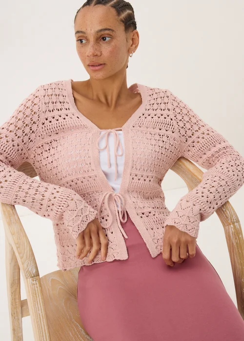 Pink Pointelle Tie Front Cardigan - S Image 3