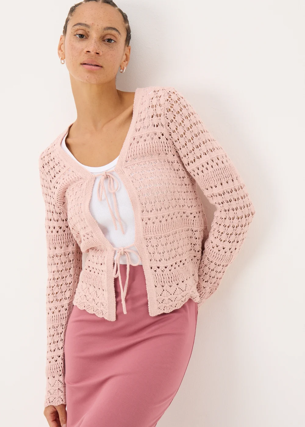 Pink Pointelle Tie Front Cardigan - S Image 1