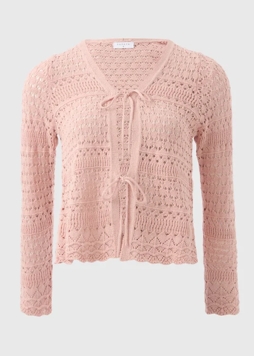 Pink Pointelle Tie Front Cardigan - S Image 4