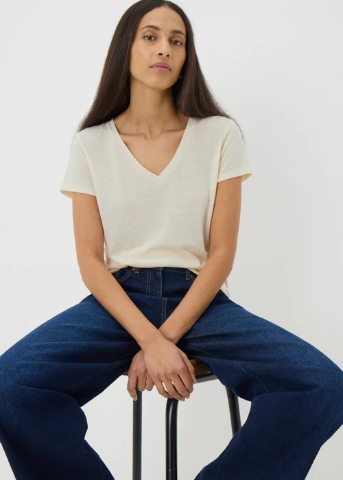 Beige Linen Blend V-Neck T-Shirt - 8 Image 1