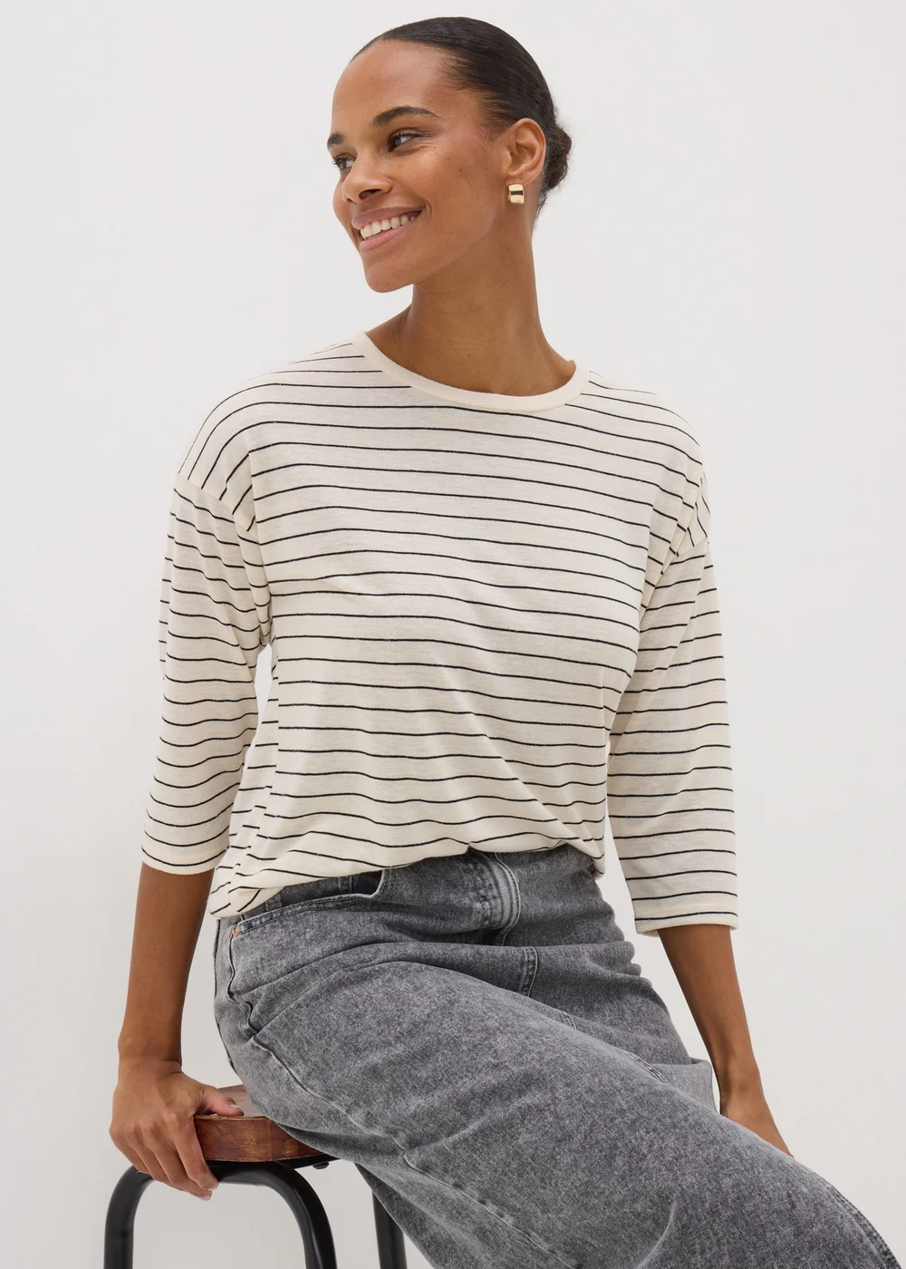 Cream Monochrome Linen Blend Stripe Top - 8 Image 3