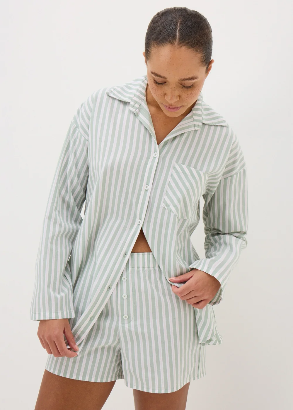 Sage Green Cotton Stripe Short Pyjama Set - Extra small Image 2