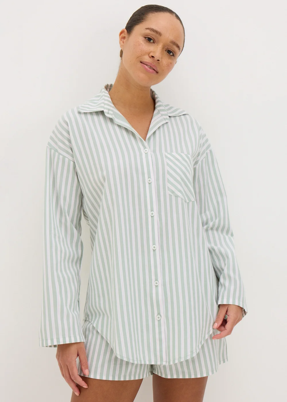 Sage Green Cotton Stripe Short Pyjama Set - Extra small Image 1