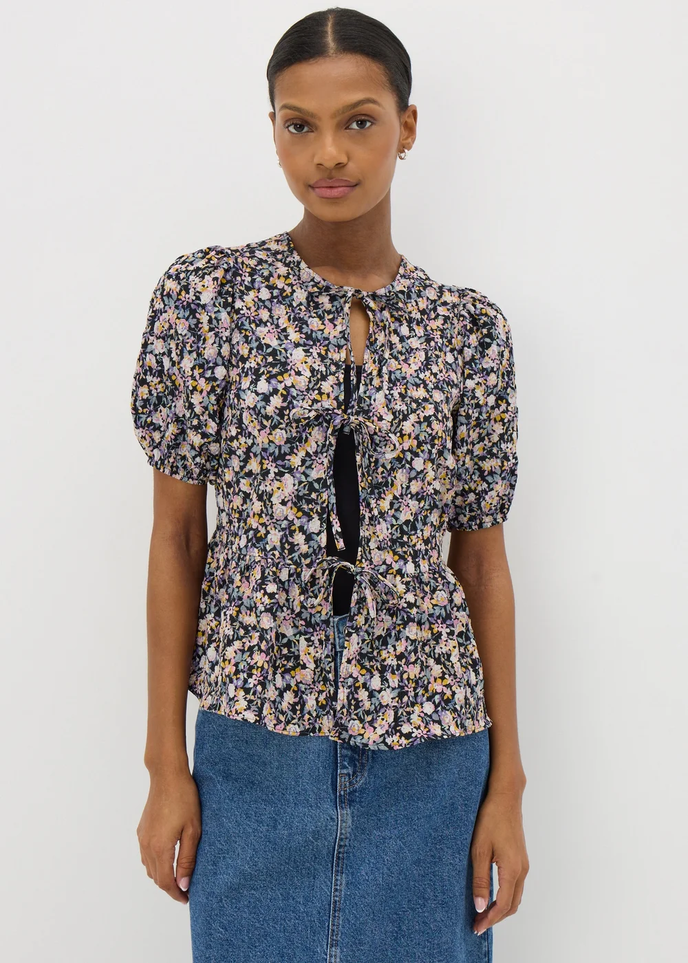 Black Tie Front Peplum Floral Blouse - 8 Image 1