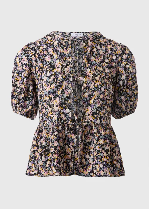 Black Tie Front Peplum Floral Blouse - 8 Image 4