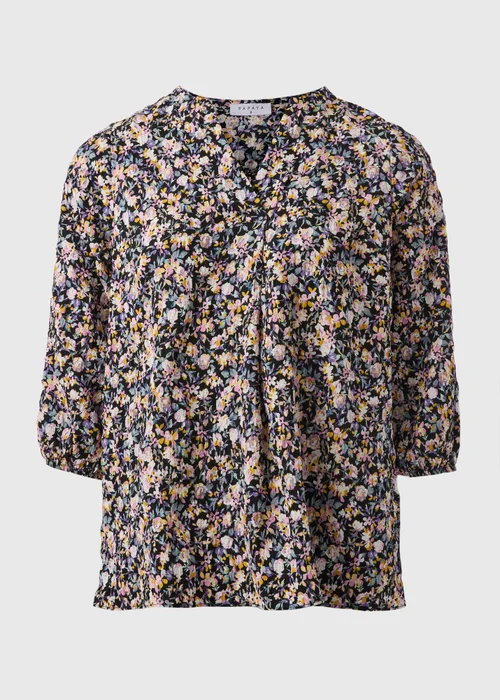 Black Seersucker Floral V-Neck Blouse - 8 Image 3
