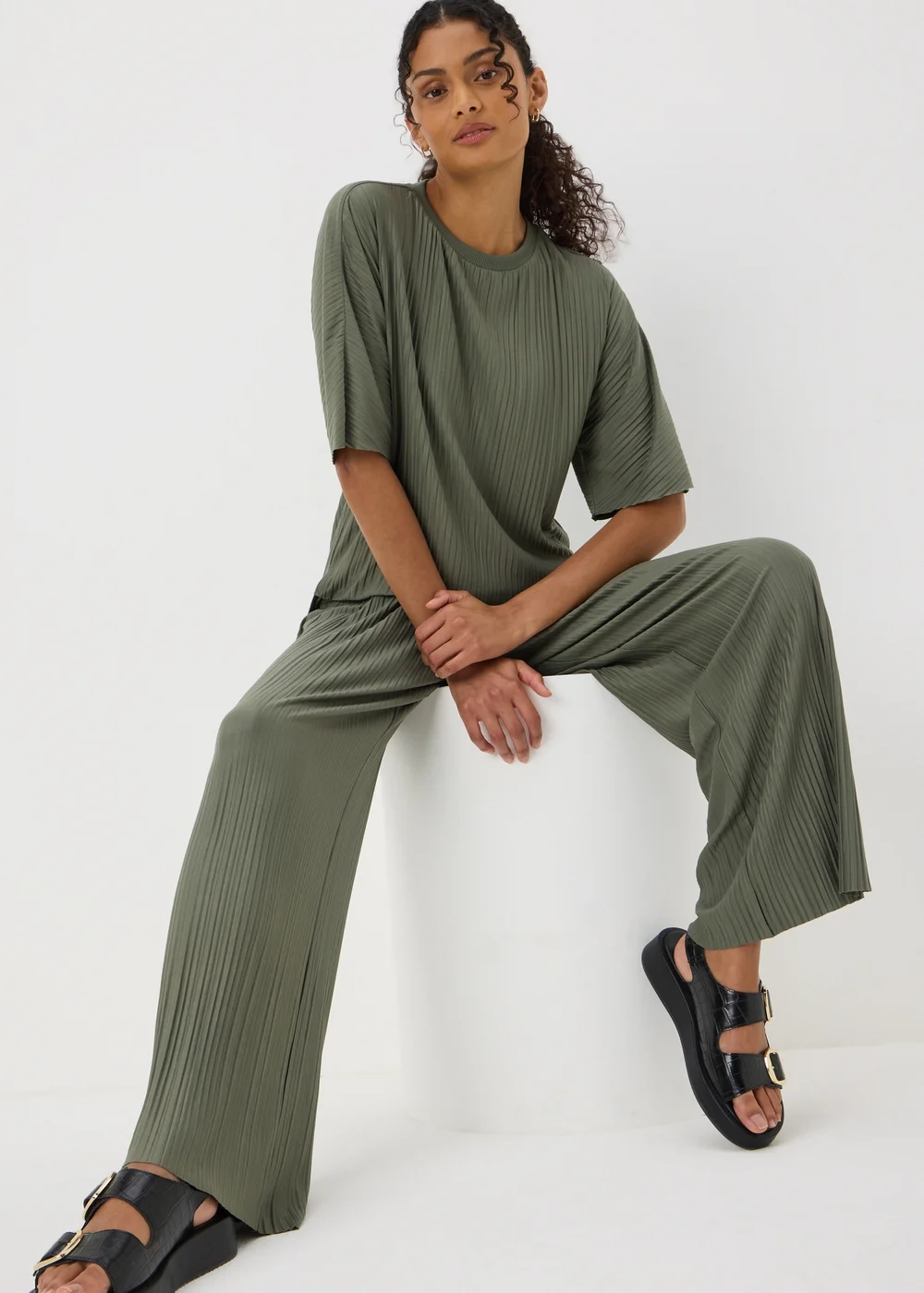 Khaki Plisse Co Ord T-Shirt - S Image 1