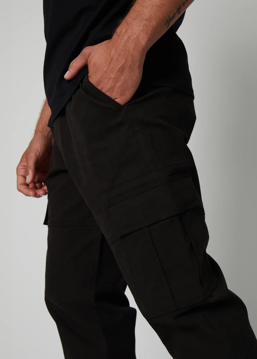 Threadbare Black Jogger Style Cargo Trousers with Stretch - L Image 3