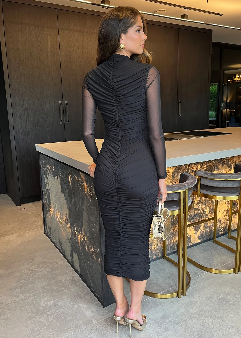 AX Paris Black High Neck Long Sleeve Ruched Bodycon Mesh Midi Dress - 16 | Matalan AX Paris Black High Neck Long Sleeve Ruched Bodycon Mesh Midi Dress - 16 | Matalan