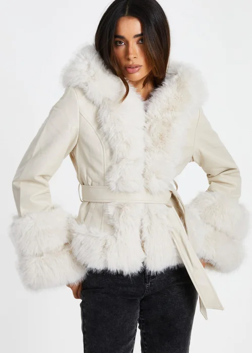 Quiz Cream Faux Leather Belted Jacket - XS Image 1