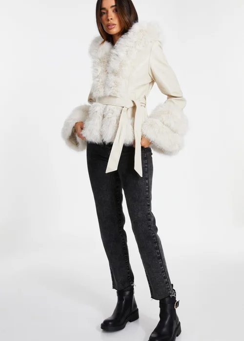 Quiz Cream Faux Leather Belted Jacket - XS Image 3
