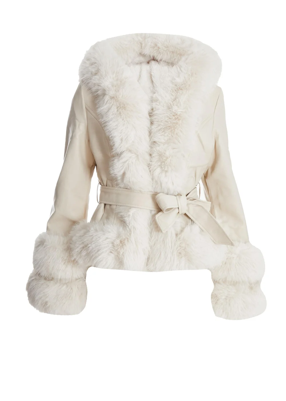 Quiz Cream Faux Leather Belted Jacket - XS Image 4