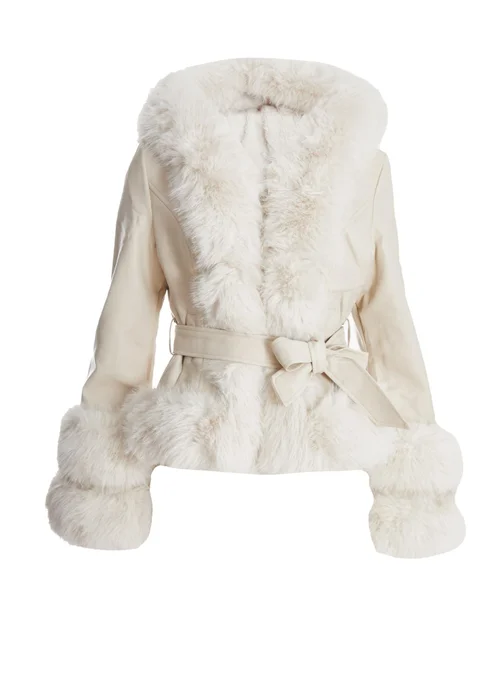 Quiz Cream Faux Leather Belted Jacket - XS Image 4