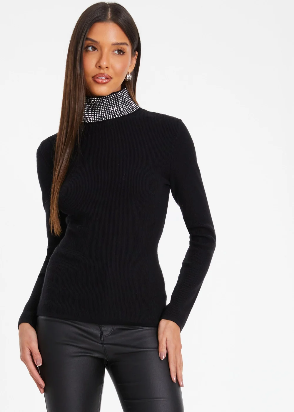 Quiz Black Diamante Turtle Neck Jumper - XS Image 1