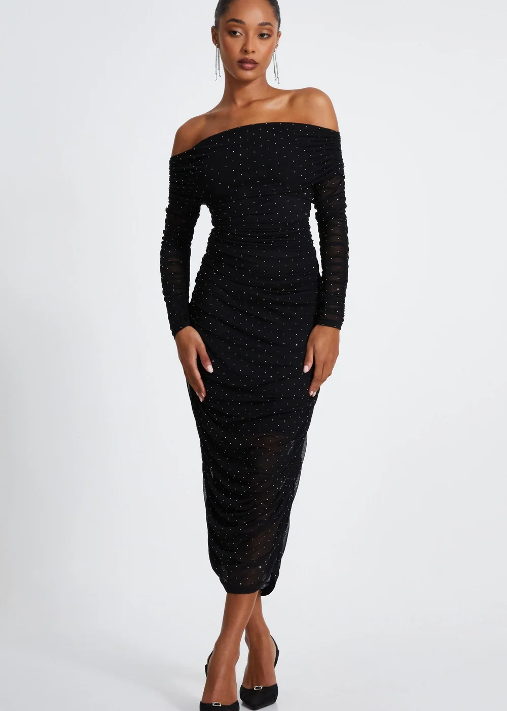 Quiz Black Mesh Bardot Midaxi Dress - 6 Image 1