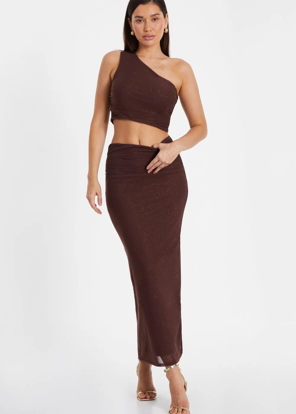 Quiz Brown Glitter Mesh Midaxi Skirt - Size 4 Clothing Image 1