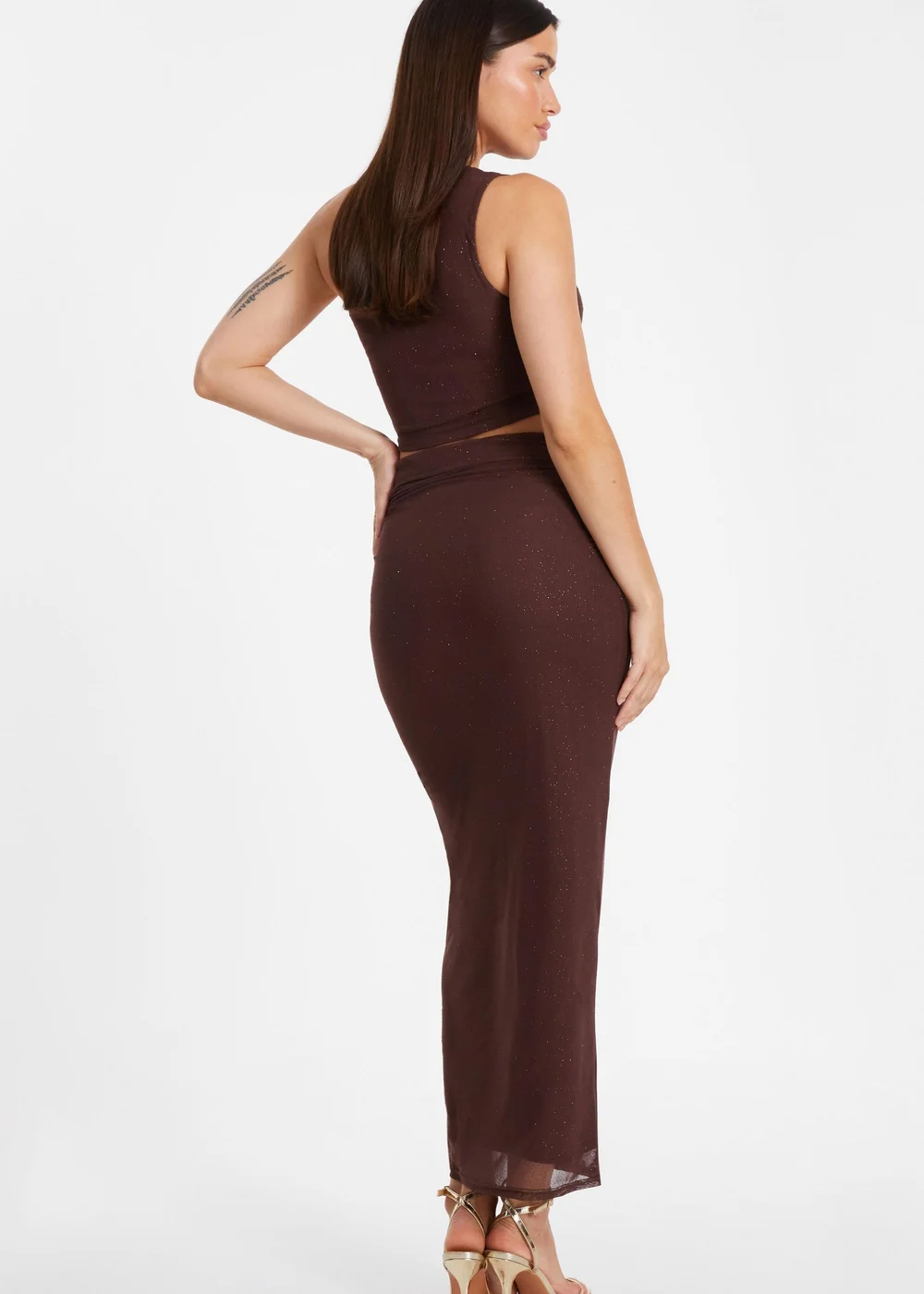 Quiz Brown Glitter Mesh Midaxi Skirt - Size 4 Clothing Image 2