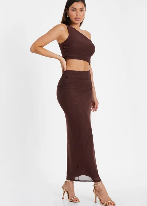 Quiz Brown Glitter Mesh Midaxi Skirt - Size 4 Clothing Image 3