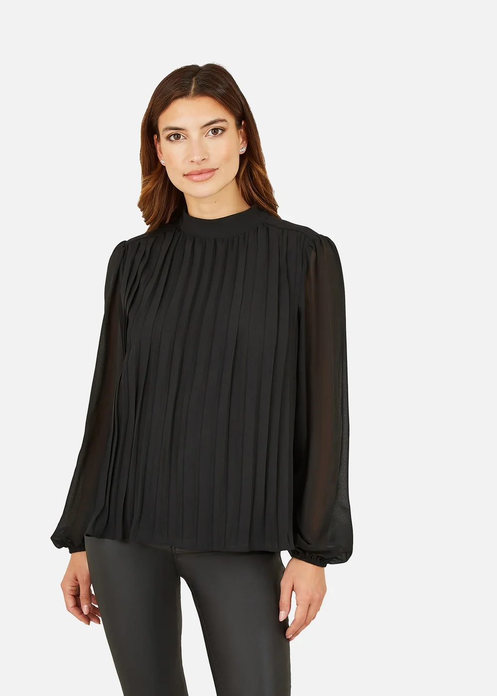Mela Black Pleated Long Sleeve Top With High Neck - 8 Image 1