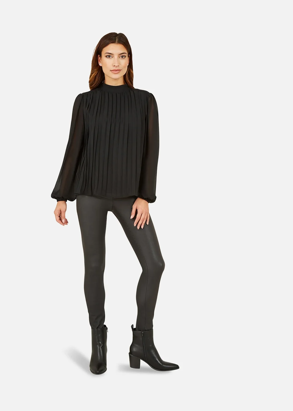 Mela Black Pleated Long Sleeve Top With High Neck - 8 Image 2