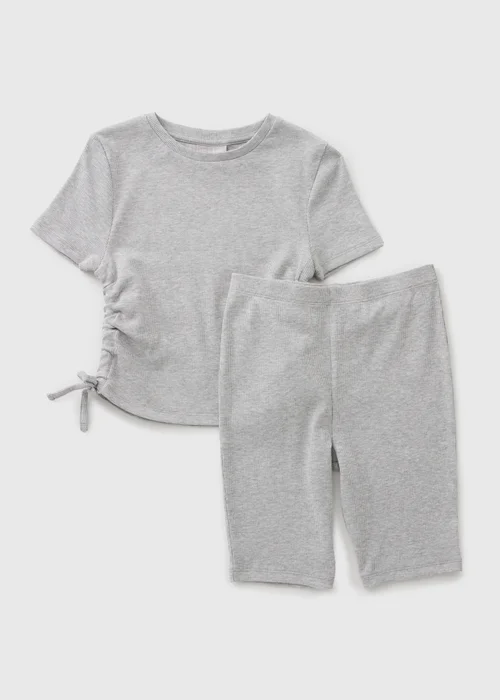 Girls Grey Ruched Top & Cycle Shorts Set (7-15yrs) - 7 Yrs Image 1