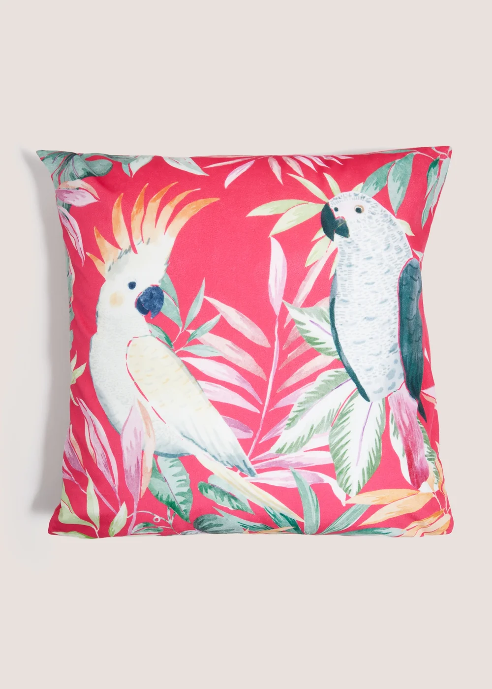 Pink Velvet Printed Paradise Bird Cushion Image 1