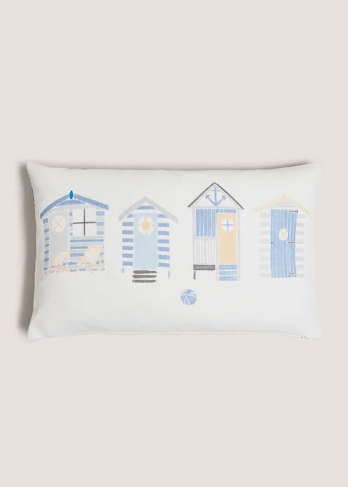 White Seaside House Cushion Image 1
