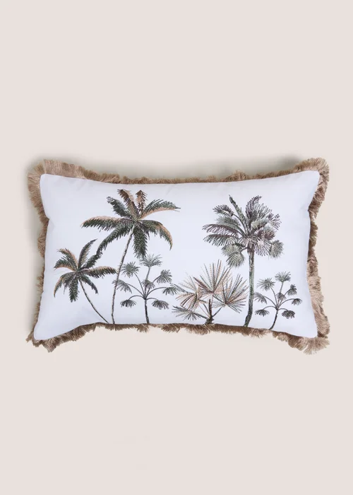 White Embroidered Palm Tree Fringe Cushion Image 1