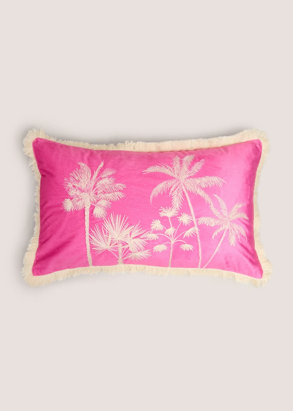 Pink Velvet Embroidered Palm Tree Fringe Cushion Image 1