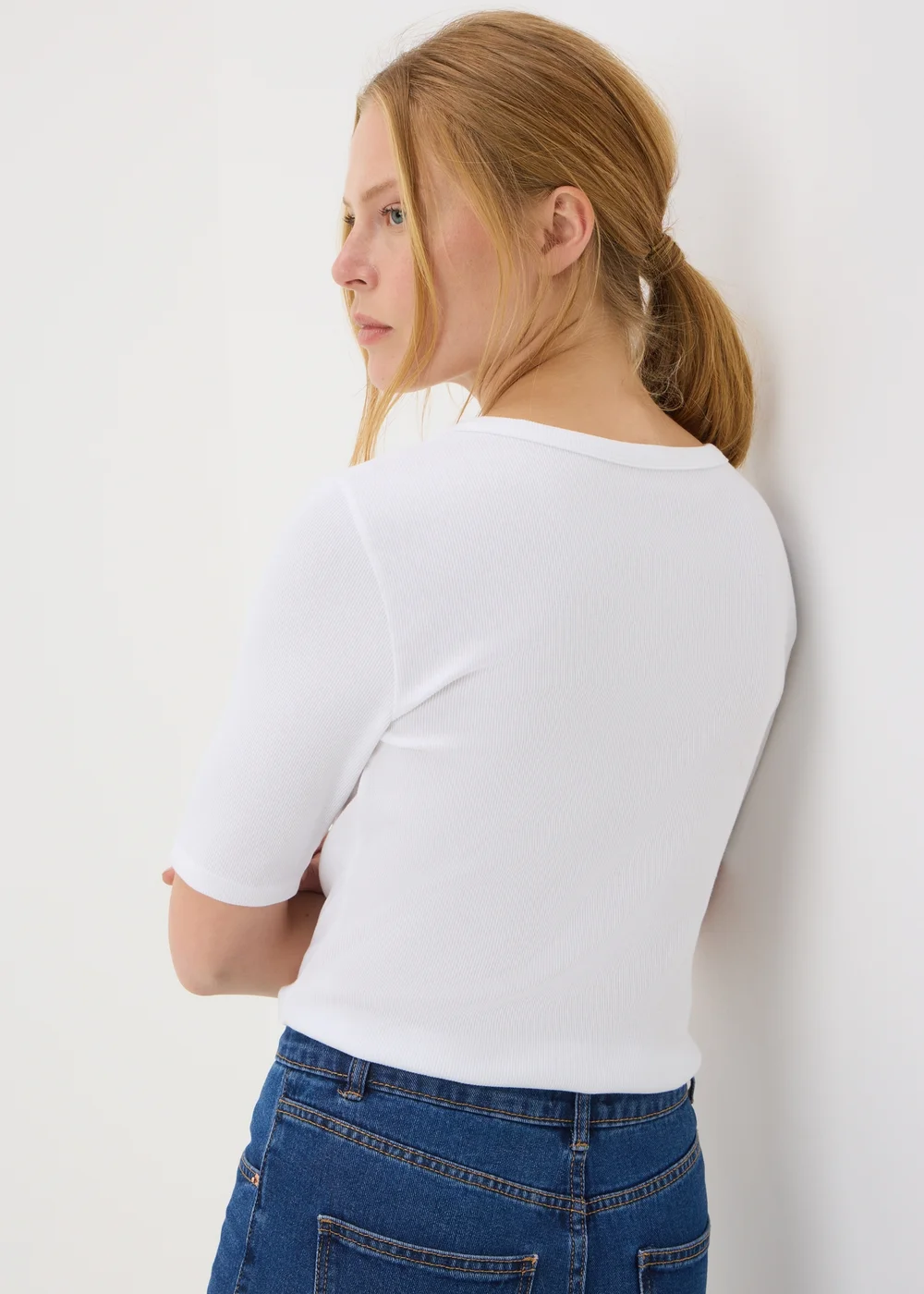 Cream Ribbed Scoop Neck Fitted T-Shirt - 8 Image 1