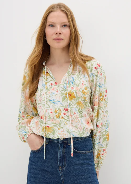 Cream Floral Boho Tie Neck Blouse - 8 Image 1