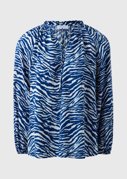 Blue Animal Print Tie Neck Blouse - 8 Image 4