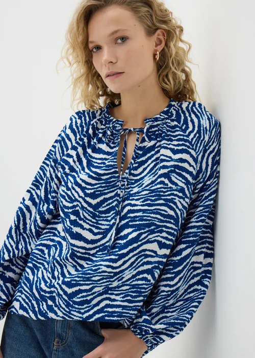 Blue Animal Print Tie Neck Blouse - 8 Image 2