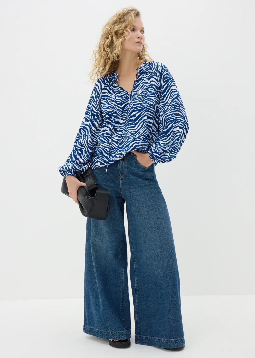 Blue Animal Print Tie Neck Blouse - 8 Image 1