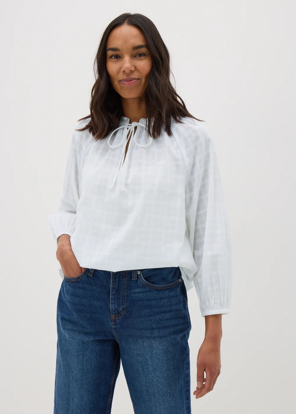 White Textured Tie Neck Blouse - 8 Image 1