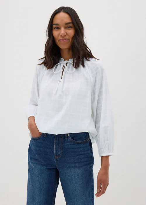 White Textured Tie Neck Blouse - 8 Image 1