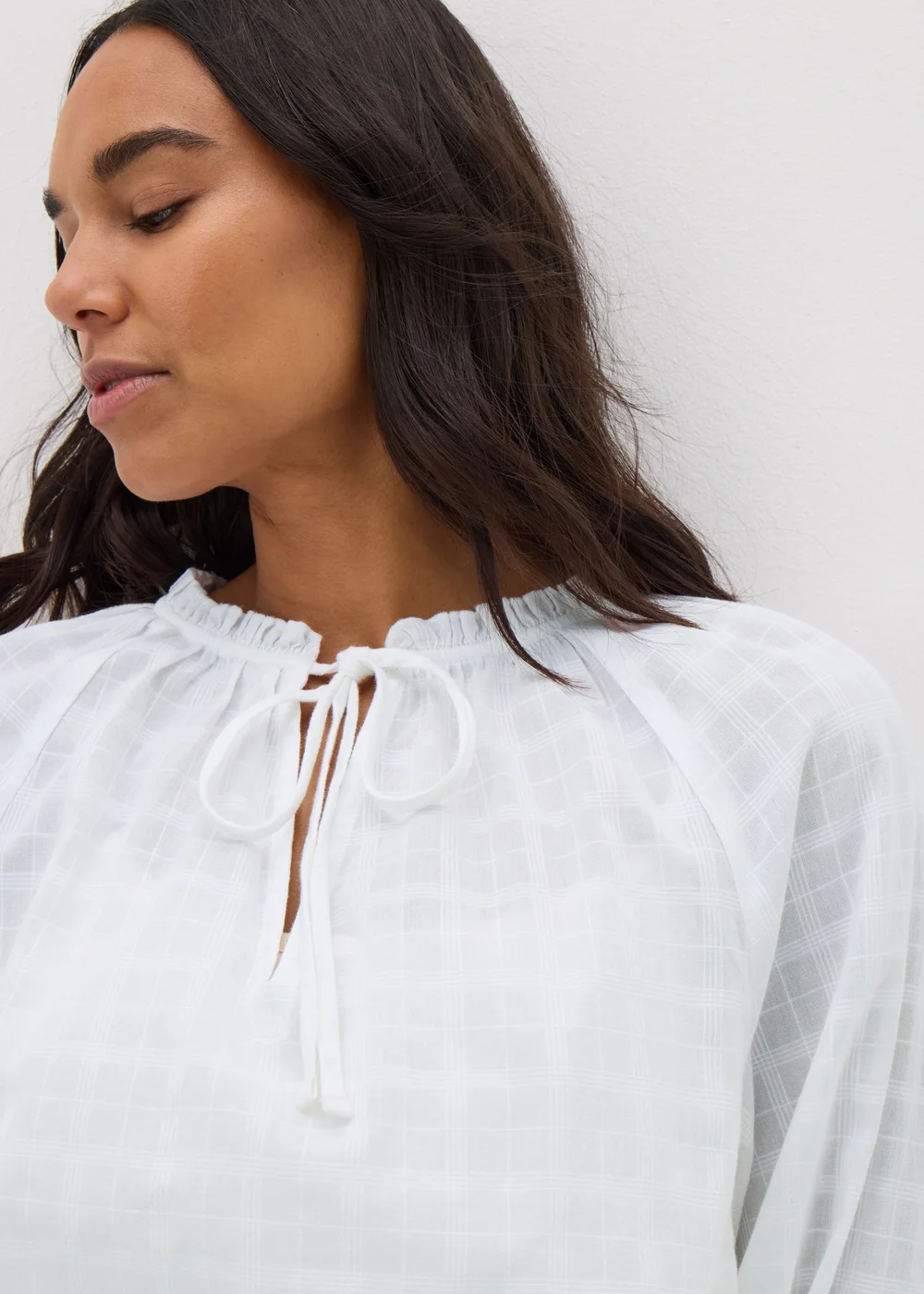 White Textured Tie Neck Blouse - 8 Image 3