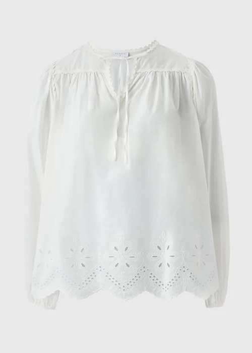 White Embroidered Tie Neck Blouse - 8 Image 3