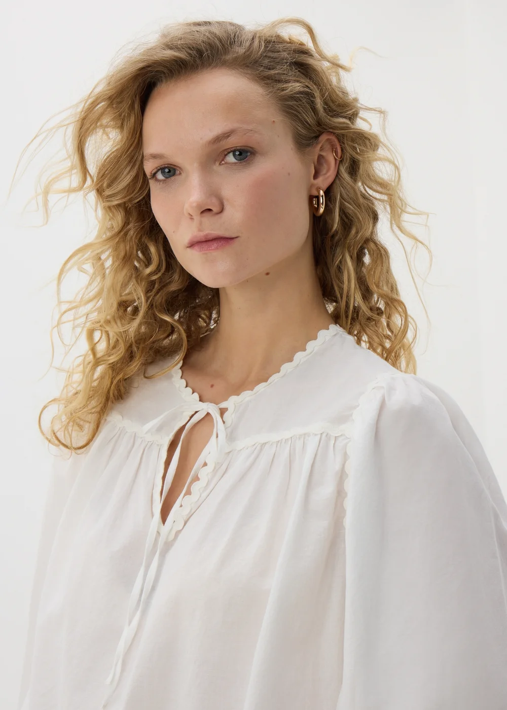 White Embroidered Tie Neck Blouse - 8 Image 1