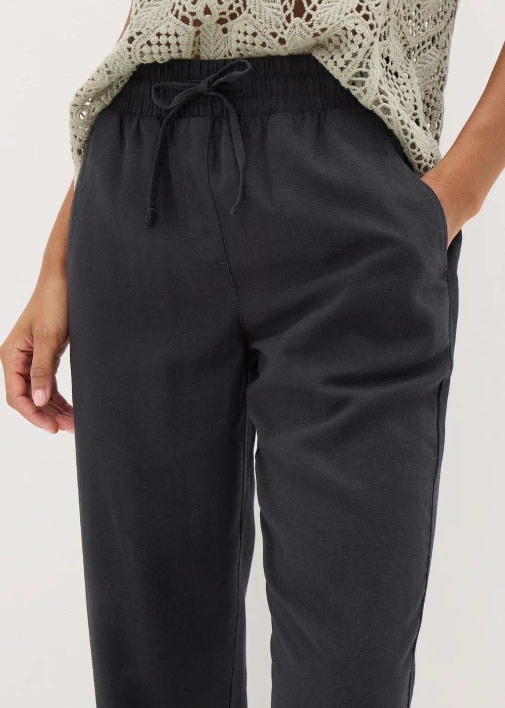 Black Linen Blend Tapered Trousers - 8 Image 3