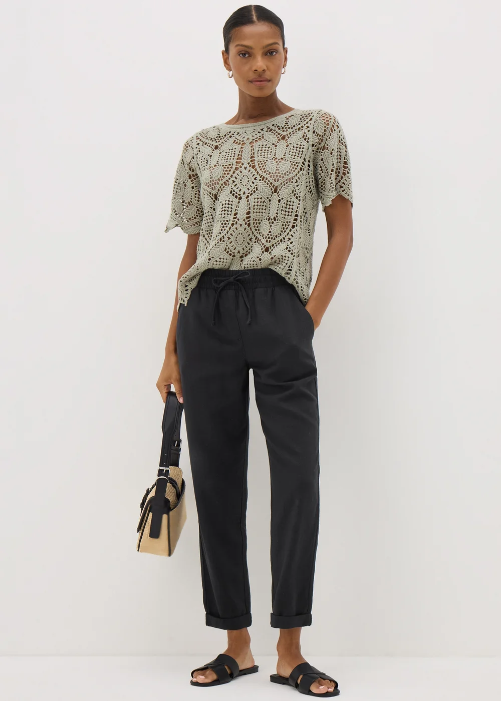 Black Linen Blend Tapered Trousers - 8 Image 2