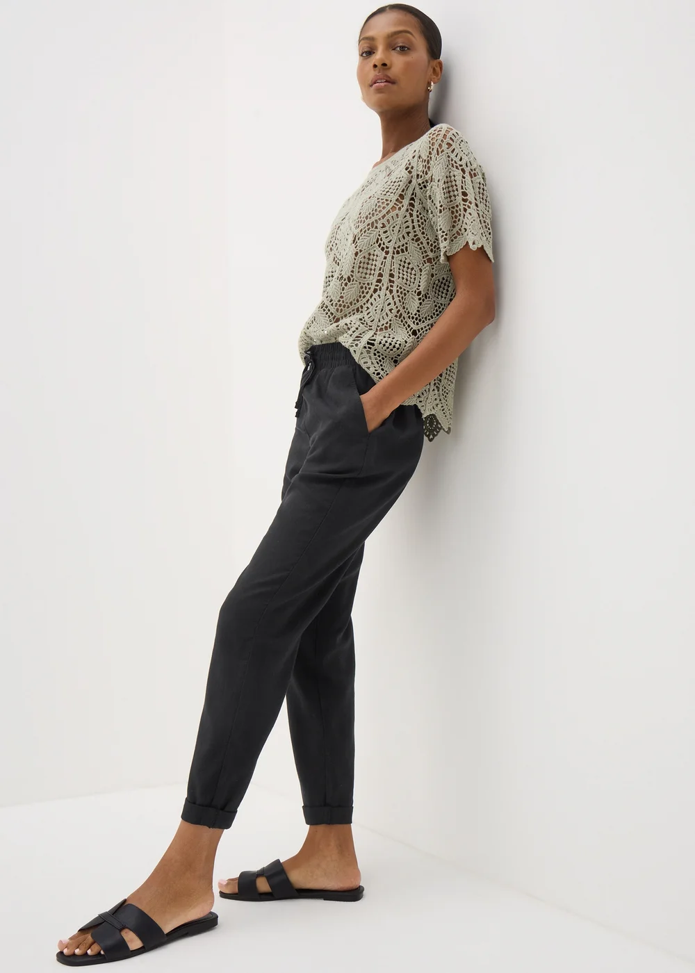 Black Linen Blend Tapered Trousers - 8 Image 1