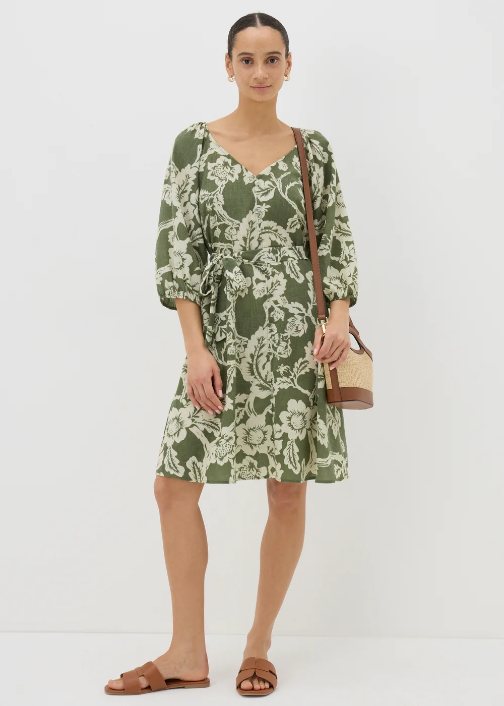 Green Floral Belted Mini Tea Dress - 8 Image 1