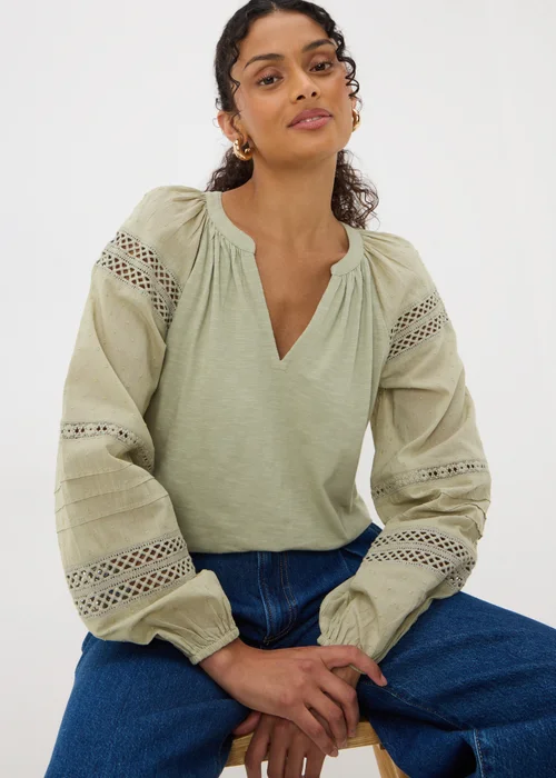 Green Broderie Anglaise Long Sleeve Top - 8 Image 1