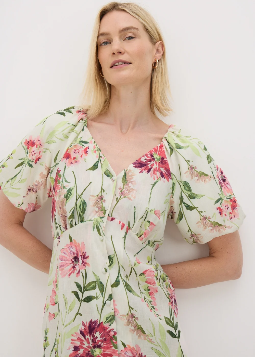 Sage Green Floral Puff Sleeve Tea Midi Dress - 8 Image 3