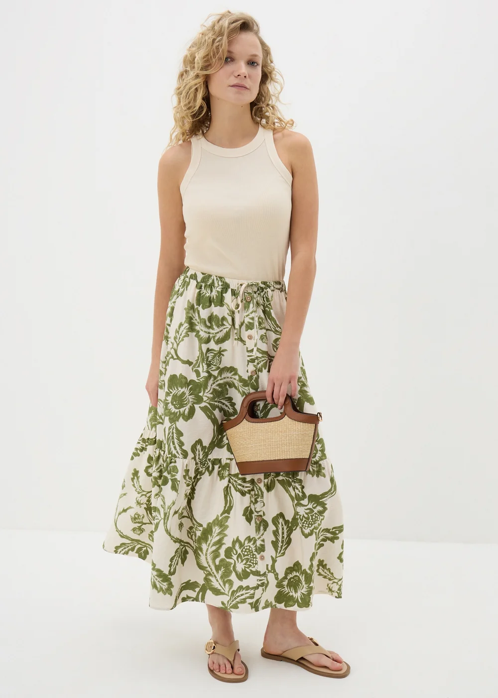 Green Floral Button Front Tiered Midaxi Skirt - 8 Image 1